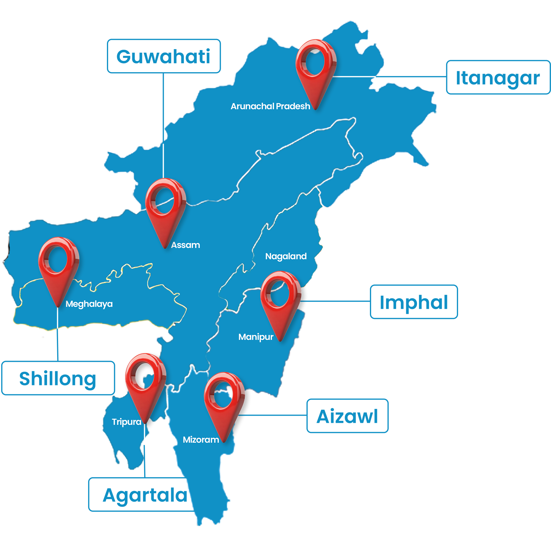 Coverage map showing Adig Solutions' service area across the seven states of North East India including Assam, Meghalaya, Tripura, Mizoram, Manipur, Nagaland, and Arunachal Pradesh